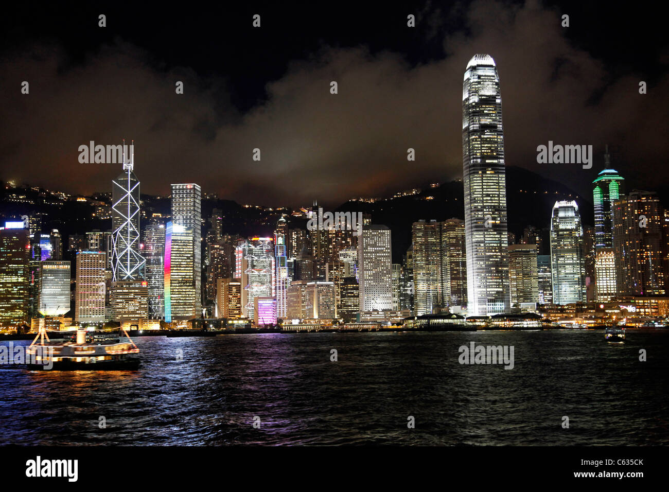 General view of Hong Kong harbour city skyline lights at night in Hong ...