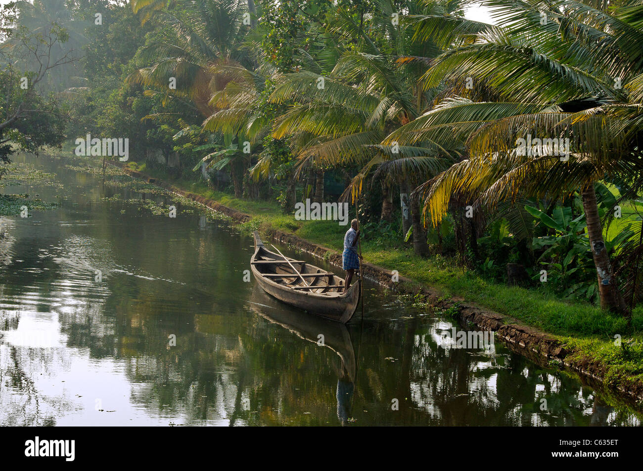 Man punting along canal in early morning light Backwaters Kerala South India Stock Photo