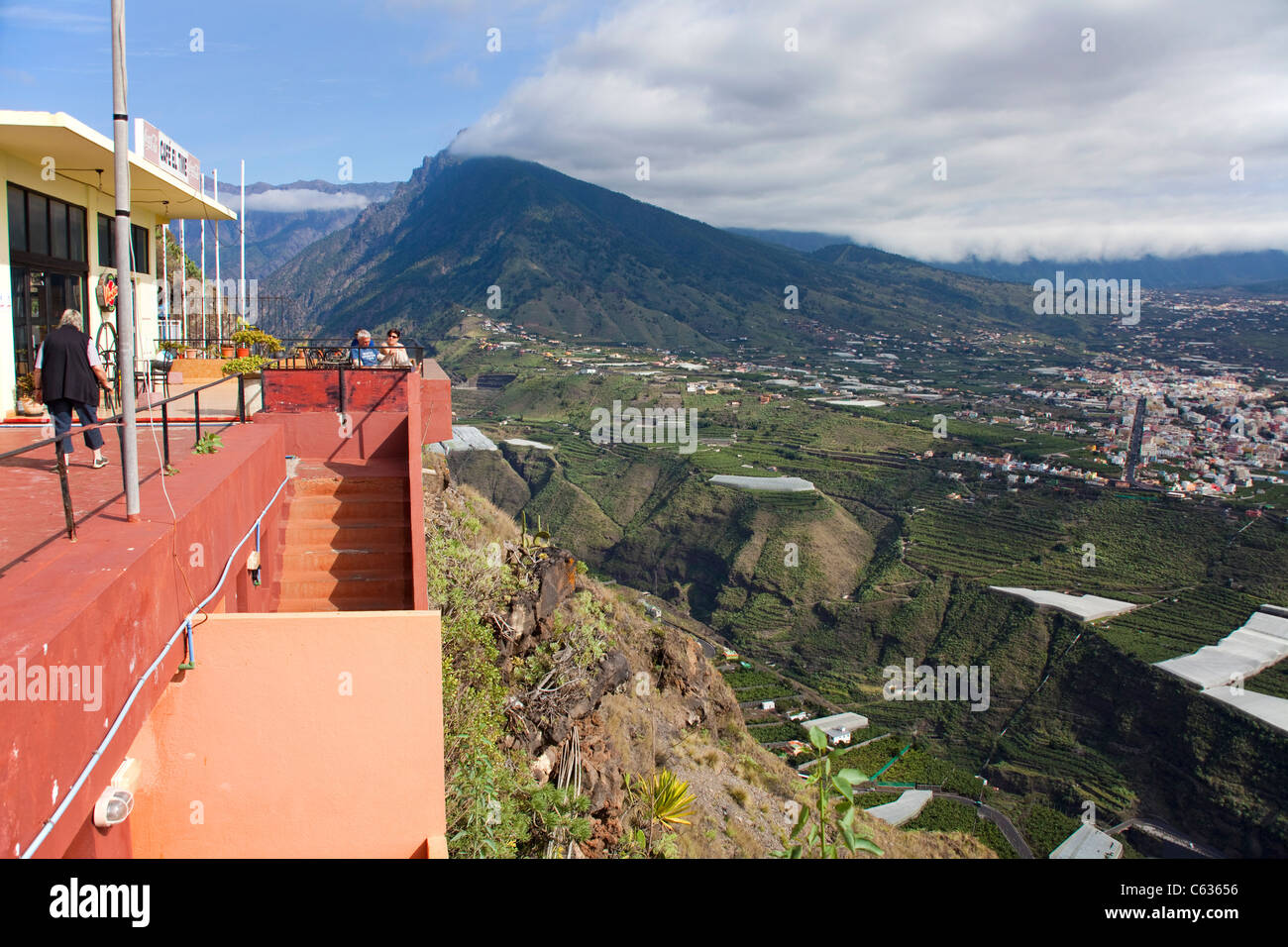 View from the terrace of the view point El Time over the valley Aridane and the town Los Llanos de Aridane, La Palma, Canary islands, Spain, Europe Stock Photo