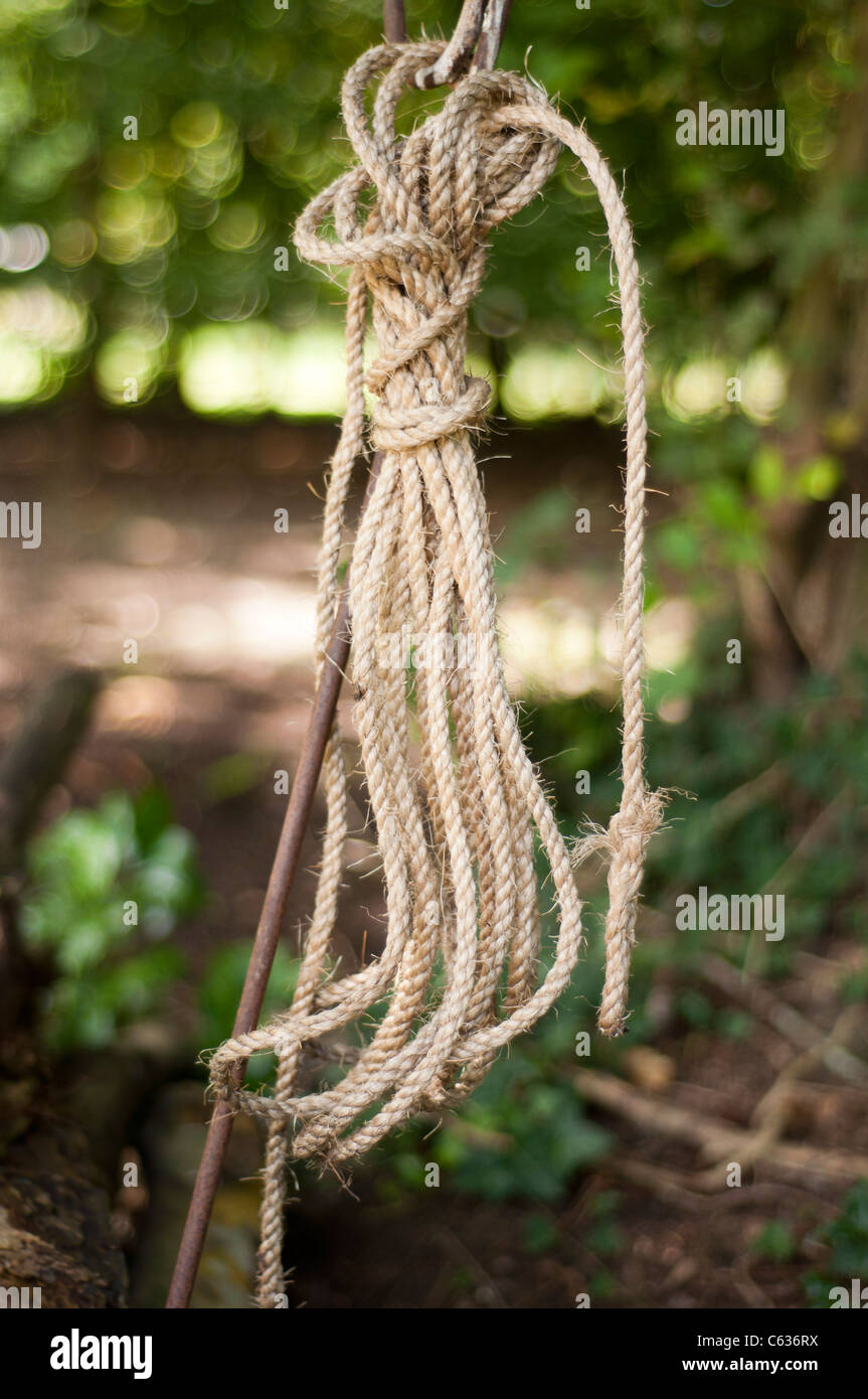 Length of rope hanging on a metal spike secured to a tree branch, with