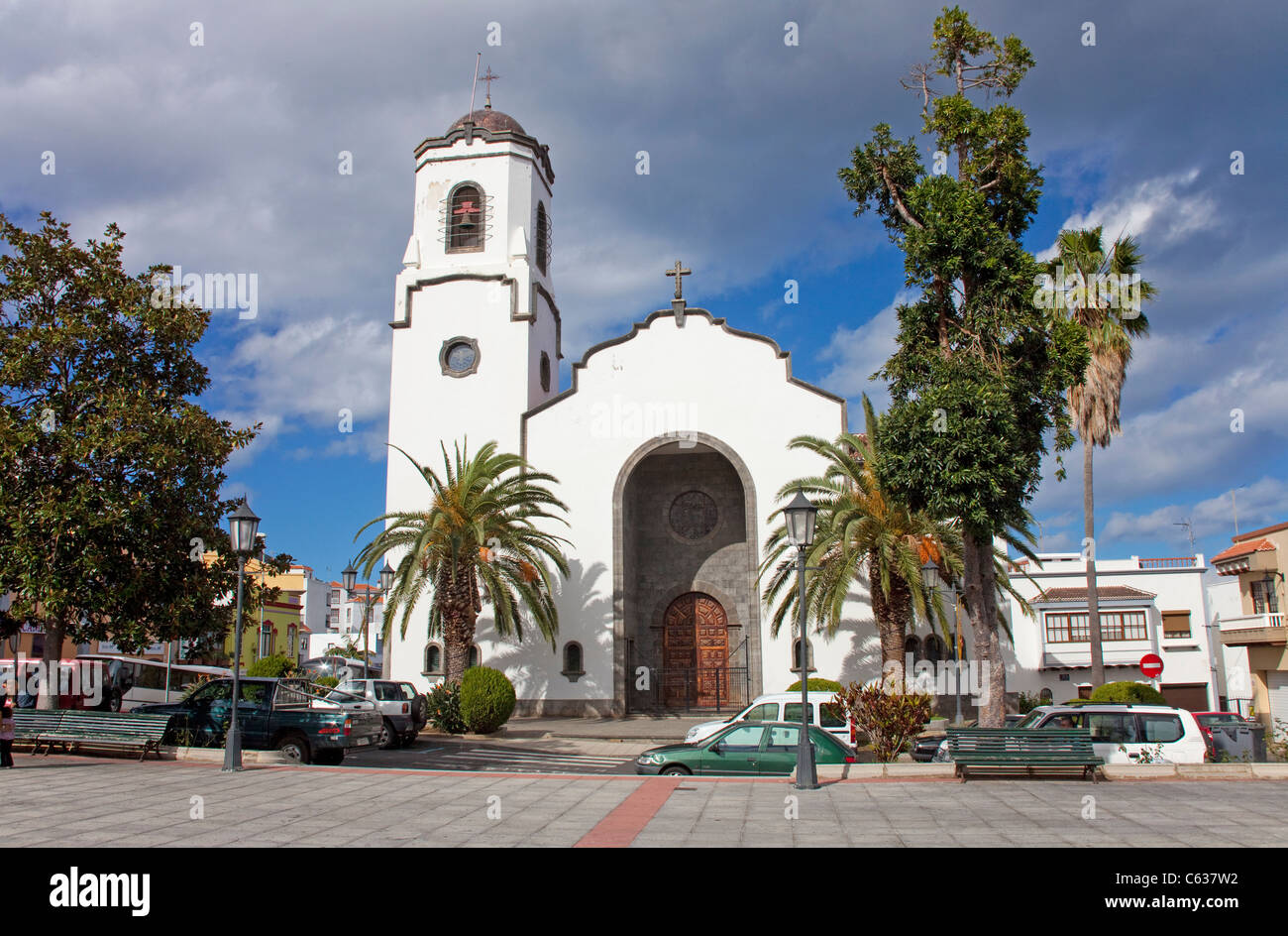 Church Iglesia Nuestra Senora de Montserrat at the Plaza de Monterrat, Los Sauces, La Palma, Canary islands, Spain, Europe Stock Photo