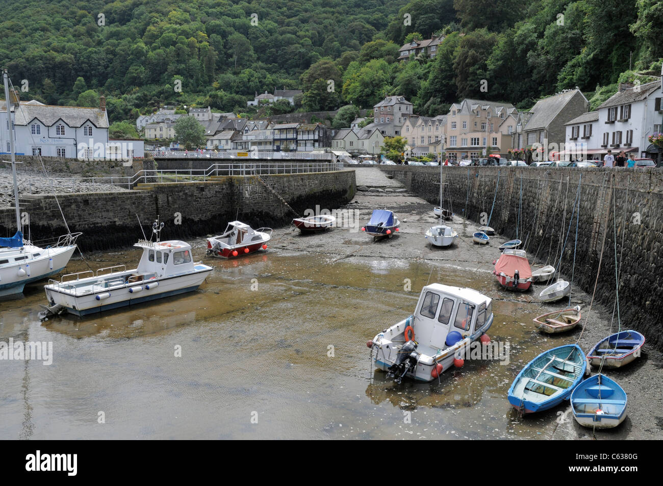 Boats in Lynmouth Harbour at Low Tide, North Devon, UK Stock Photo