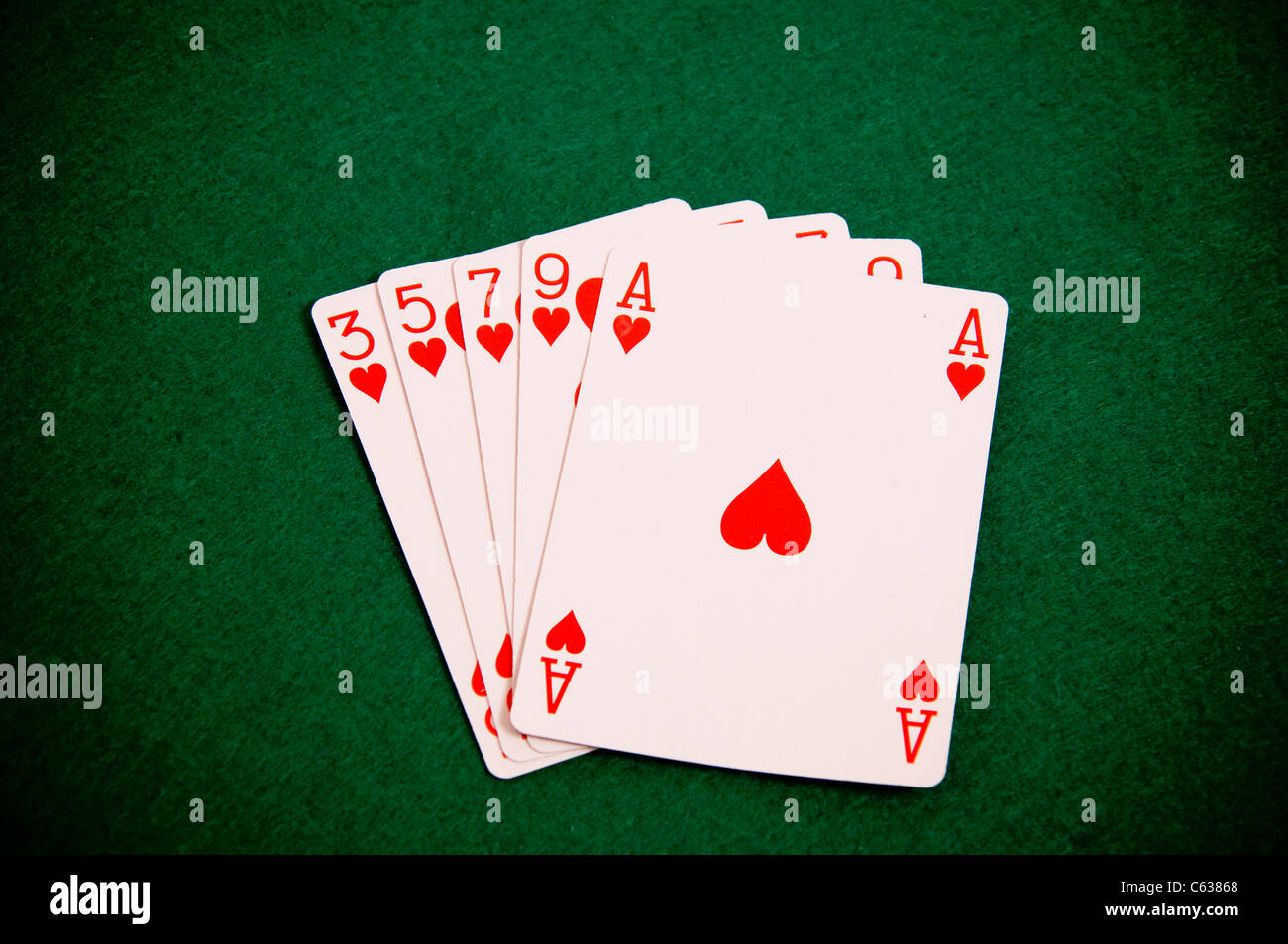 Playing cards on green background, Poker figure - colour Stock Photo