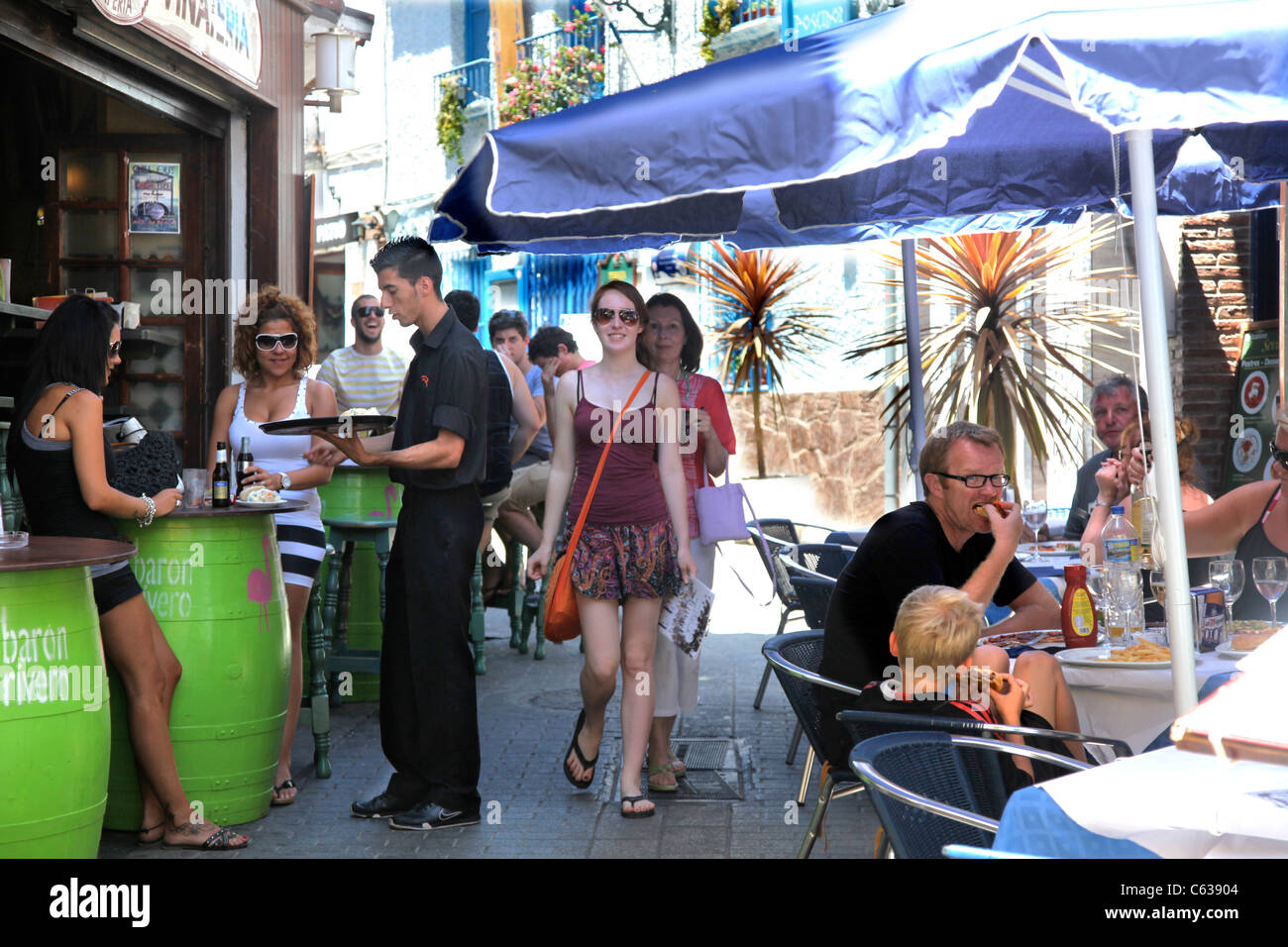 Cafes in the village of Nerja . Spain Stock Photo