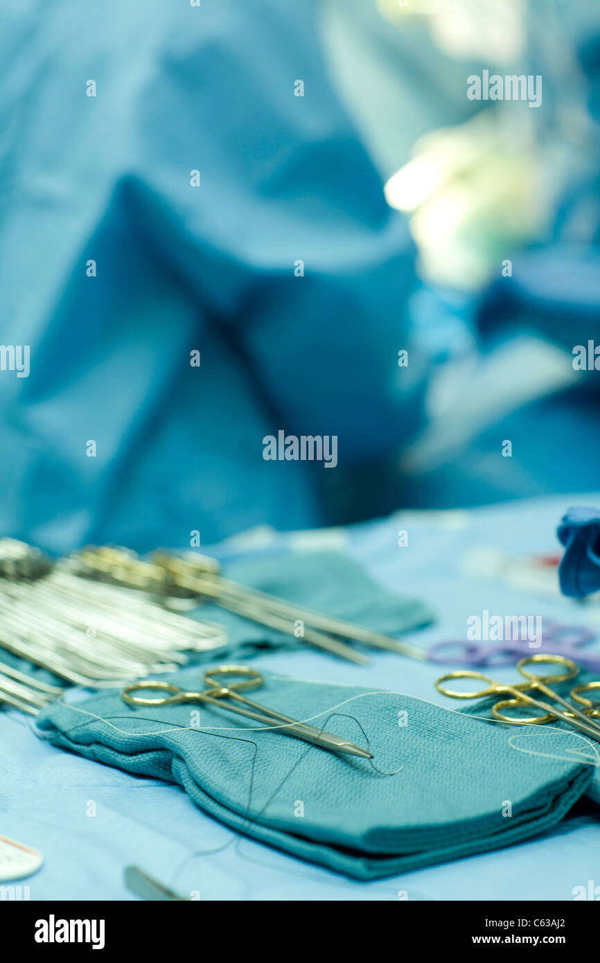 sterile surgical tools on table for surgery, operating room, hospital