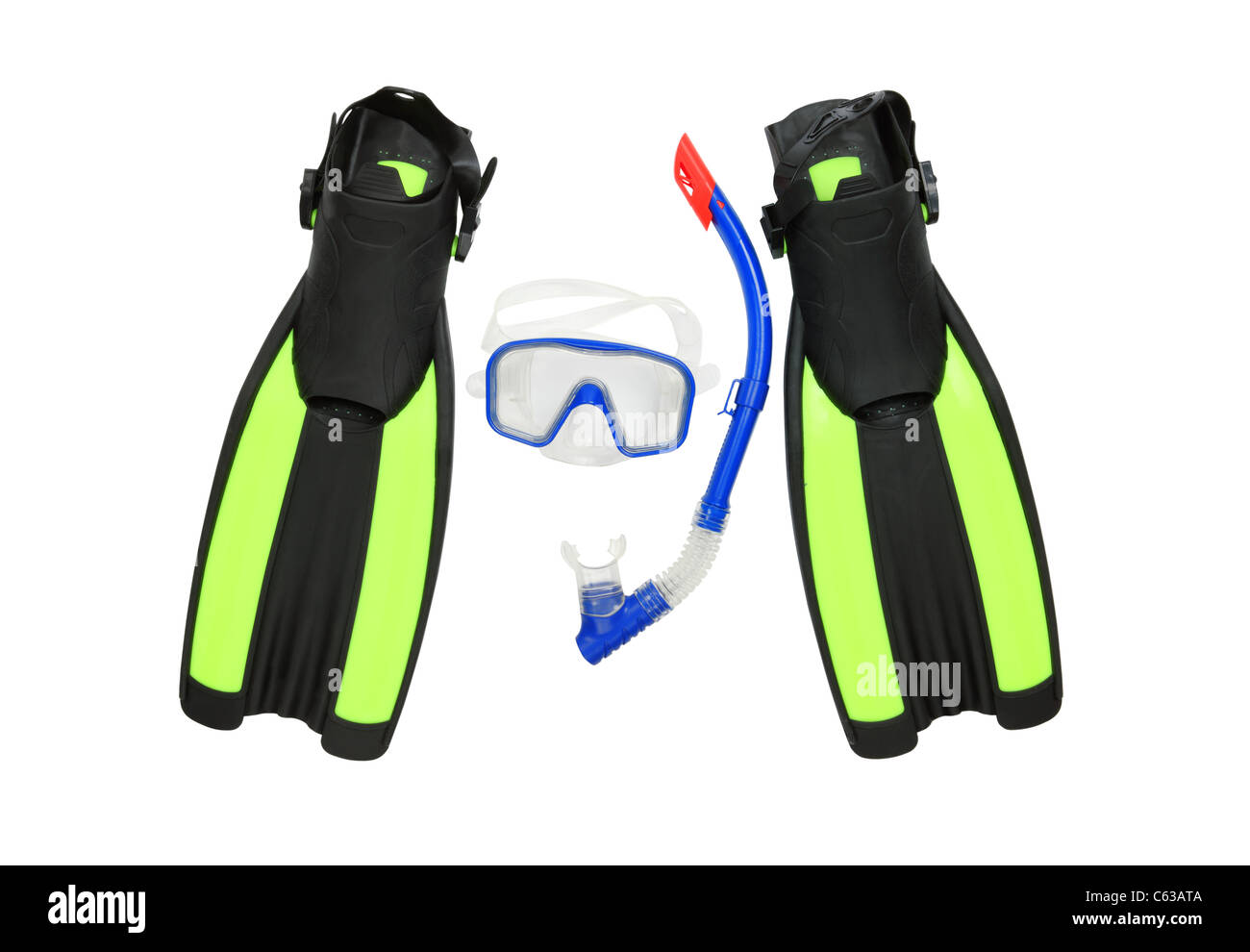 Diving equipment--Blue diving goggles,snorkel and flippers on white background,clipping path included. Stock Photo
