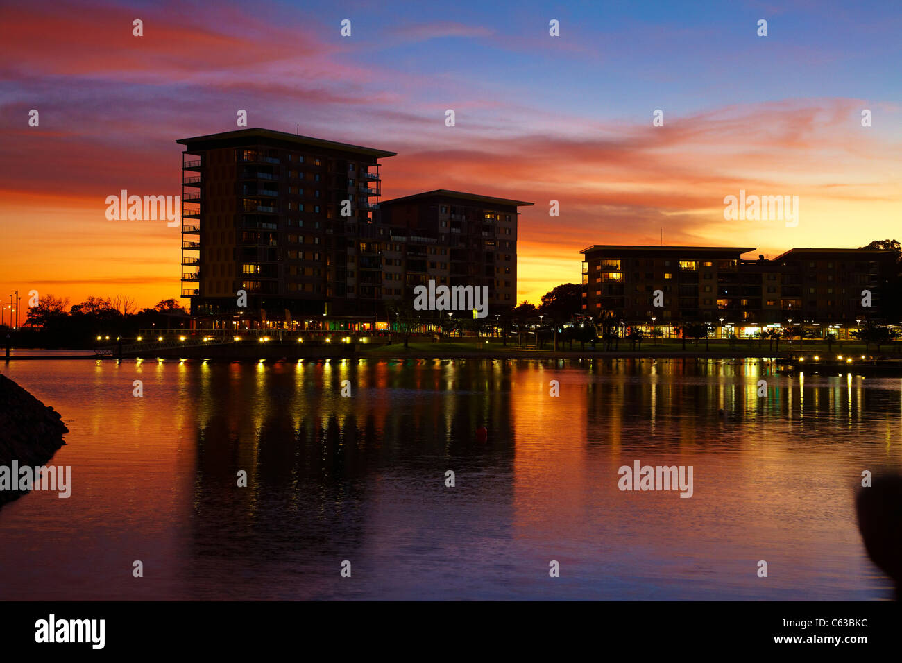 Recreation Lagoon and apartments at sunset, Darwin Waterfront Precinct