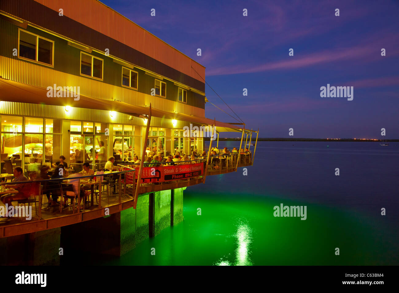 The Jetty Restaurant at dusk, Stokes Hill Wharf, Darwin Waterfront Precinct, Darwin, Northern