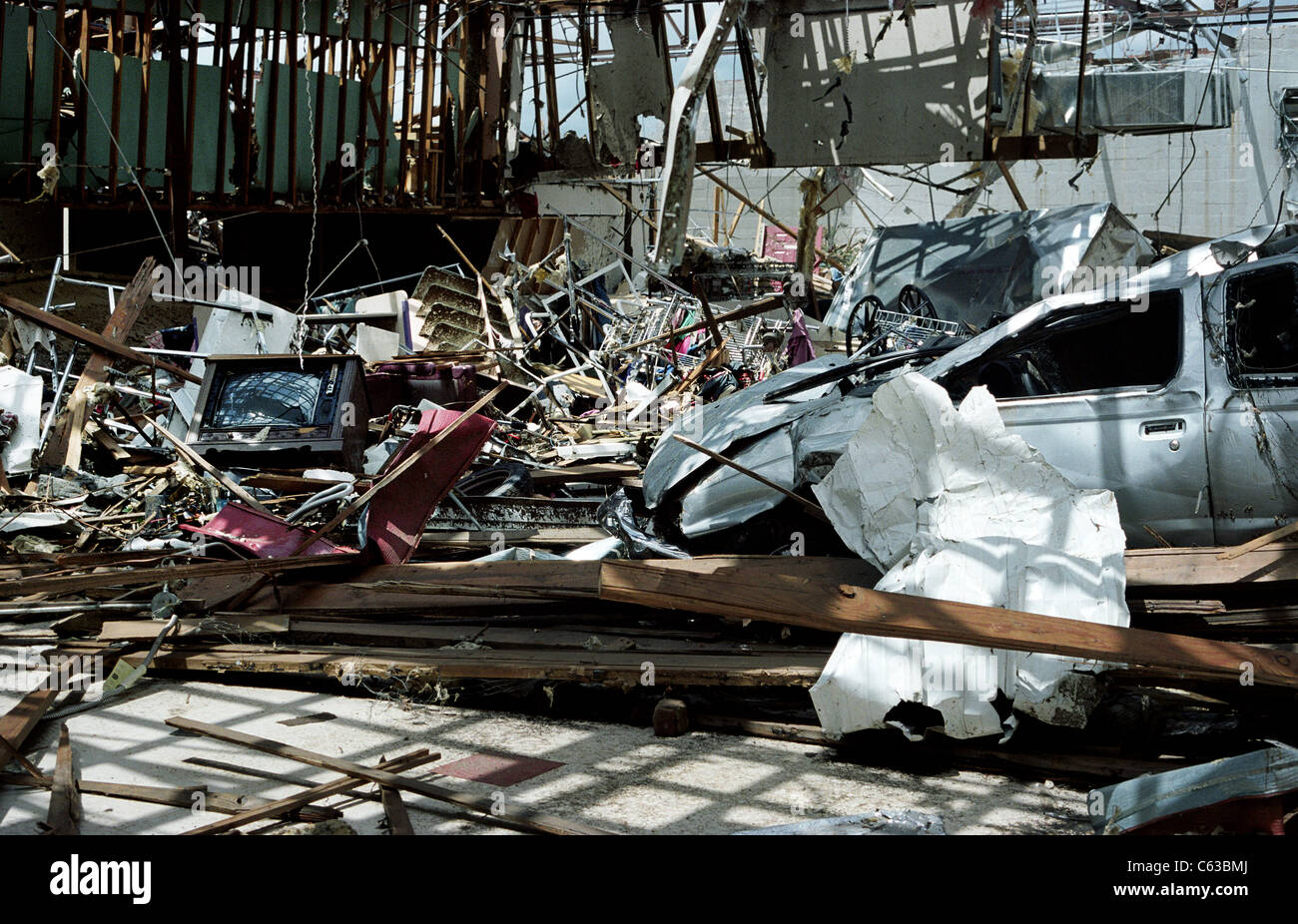 The destroyed interior of a retail building in Joplin, Missouri, May 25, 2011. Stock Photo