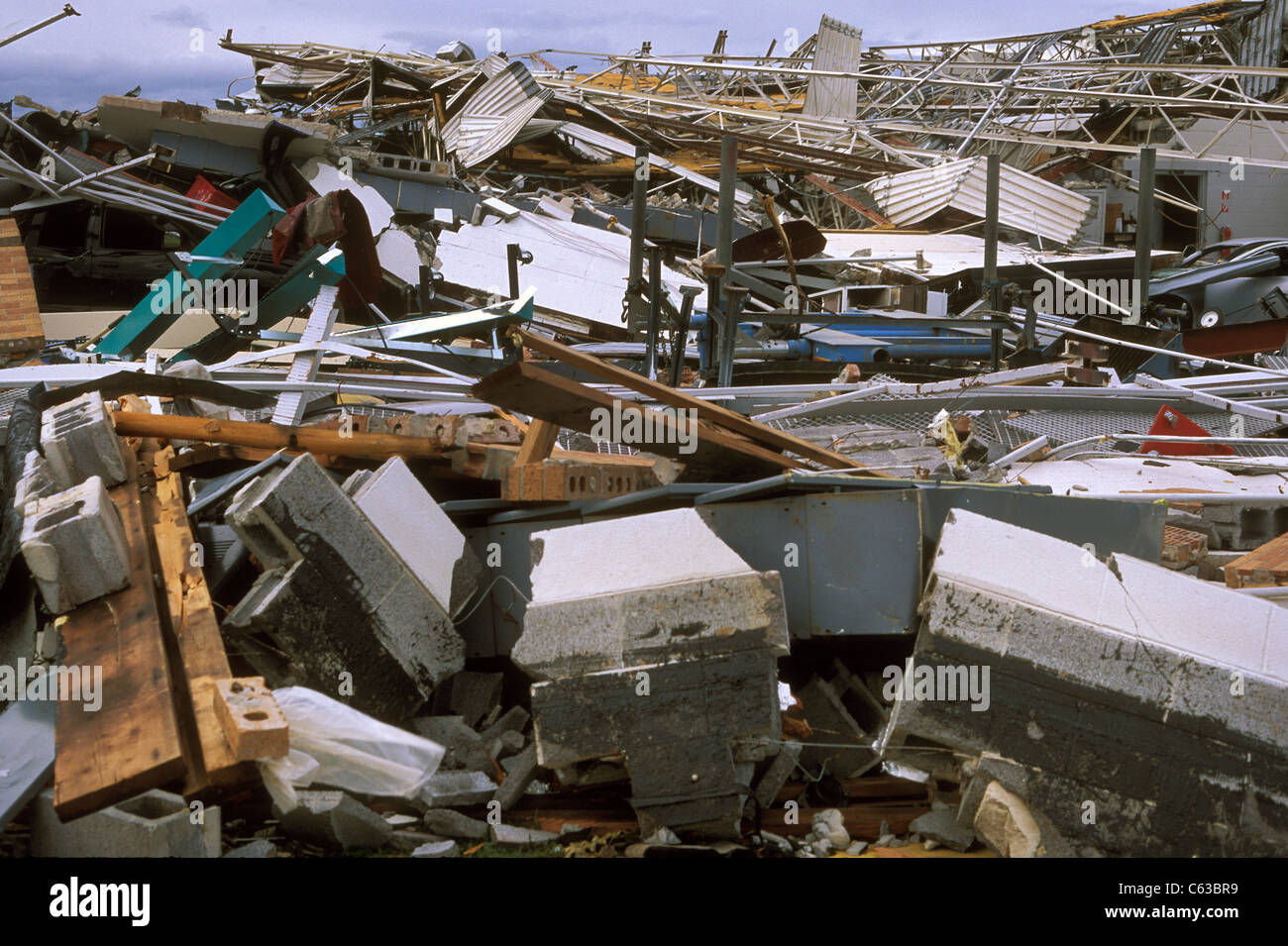 Rubble lays on the ground in Joplin, May 25, 2011. On May 22, 2011, Joplin Missouri was devastated by an EF-5 tornado. Stock Photo