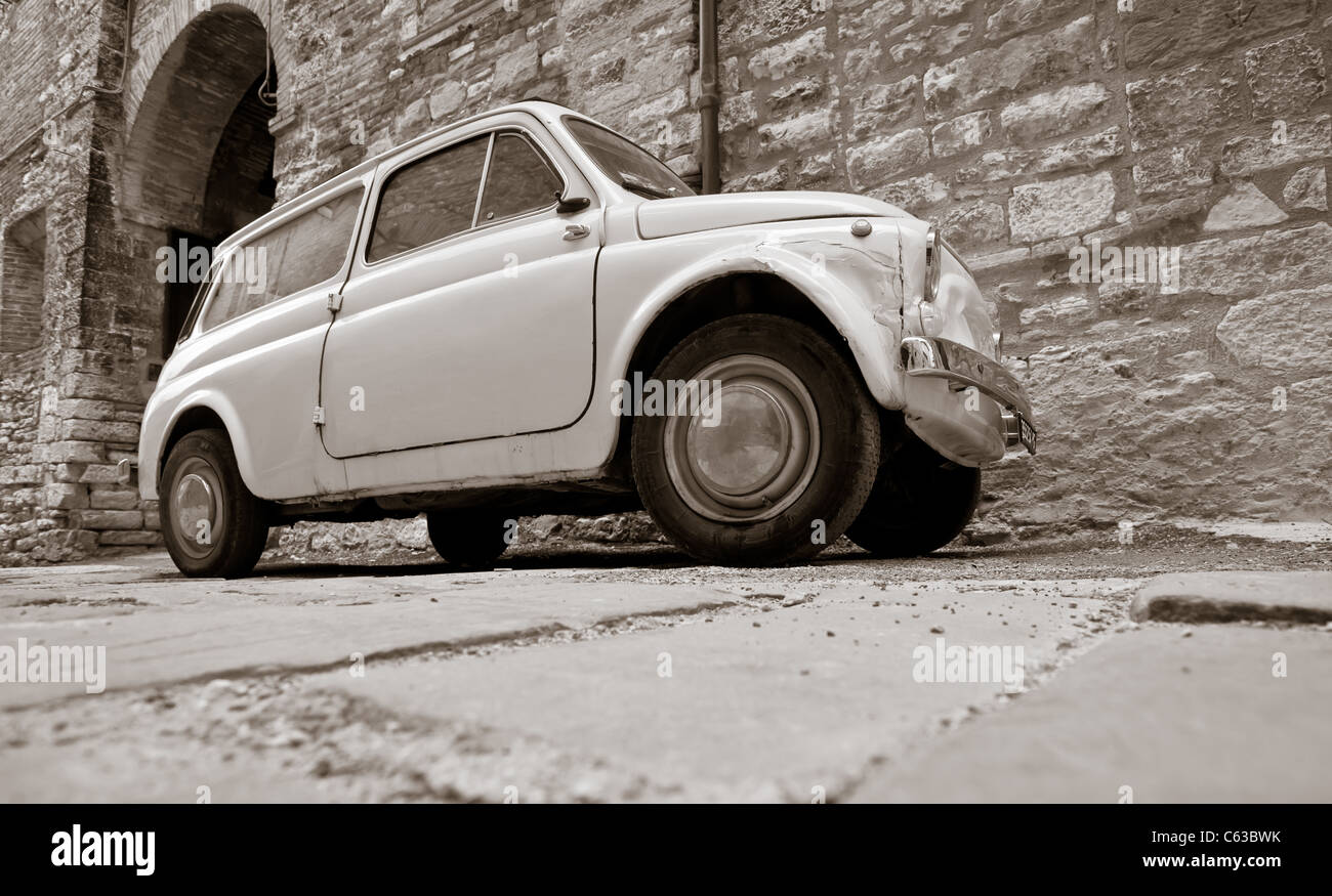 Black and white close up of classic Fiat 500 on street in Italy Stock Photo