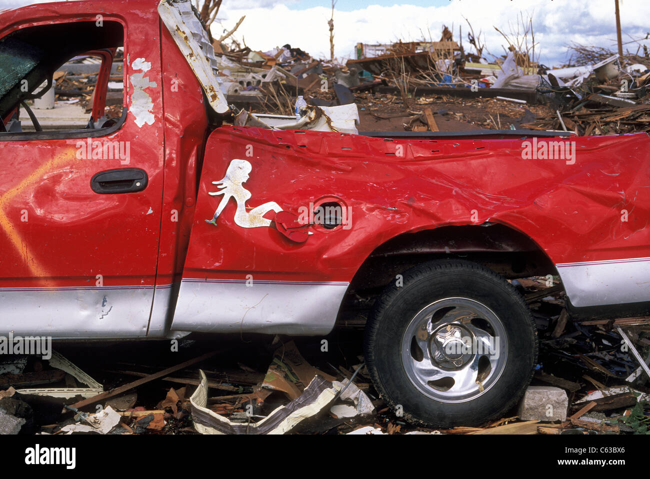 A truck damaged by a tornado in Joplin, Missouri, May 25, 2011 Stock