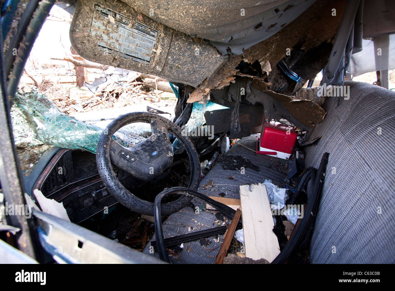 The interior of a destroyed pickup truck in Joplin, Missouri, May 25
