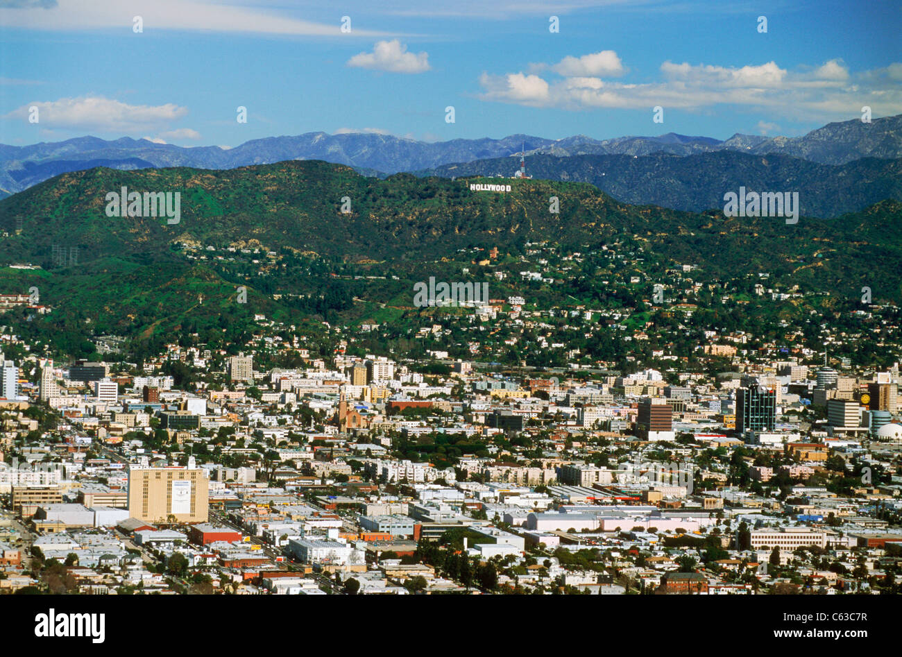 Aerial view of Brentwood with exclusive hillside homes below Hollywood sign along base of the Santa Monica Mountains California Stock Photo