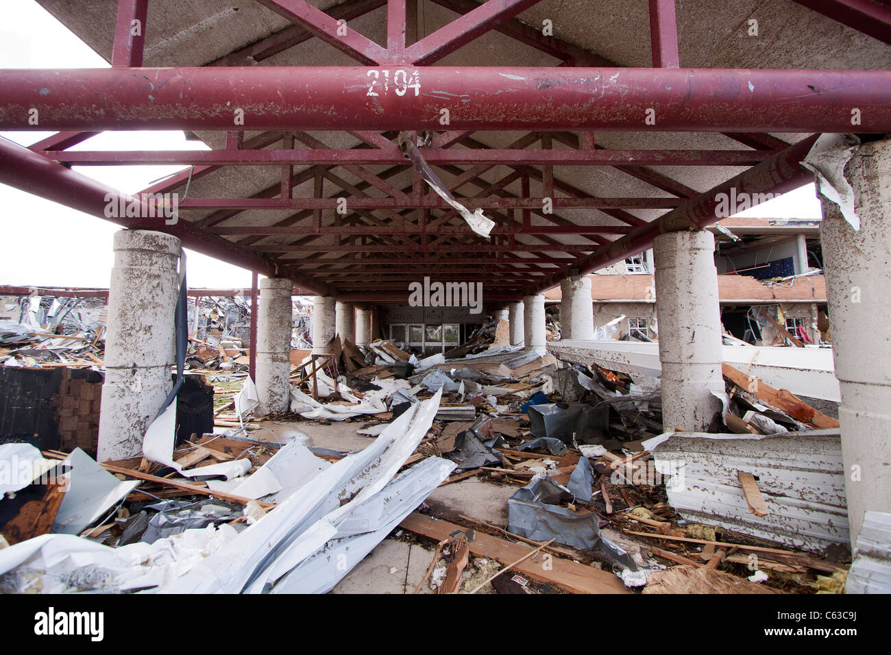 Debris surround the destroyed Joplin High School in Joplin, Missouri, May 25, 2011. Stock Photo