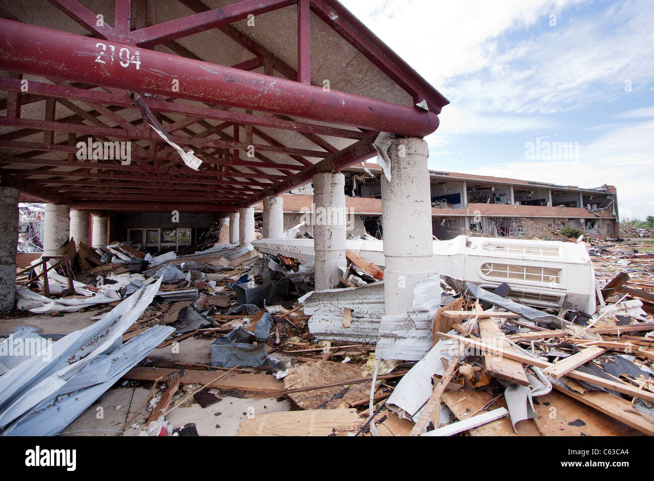 Debris surround the destroyed Joplin High School in Joplin, Missouri, May 25, 2011. Stock Photo