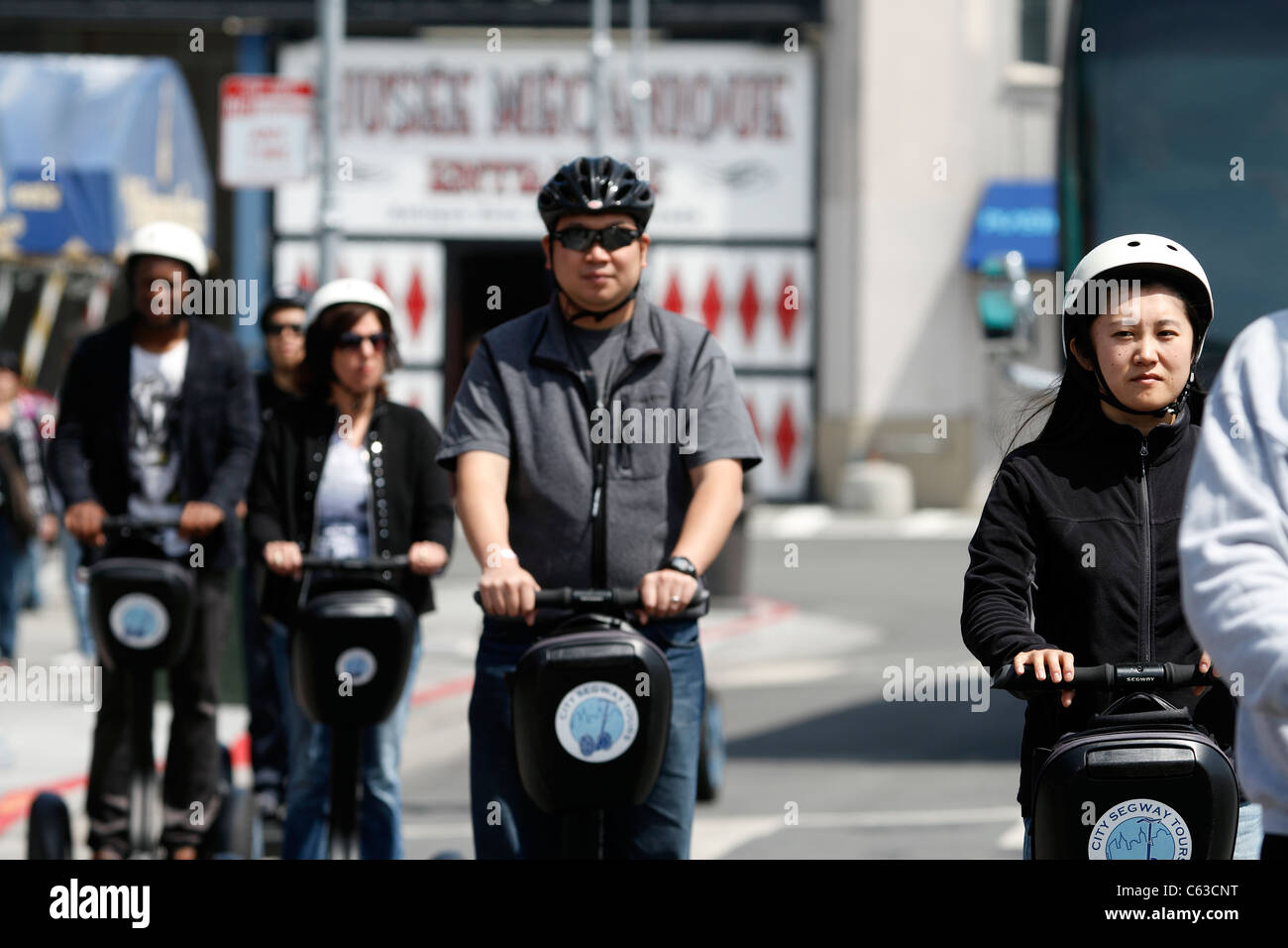 San Francisco - Fisherman's Wharf - Touring the City by Sedgeway - The Segway PT is a two-wheeled, self-balancing electric vehicle invented by Dean Kamen Stock Photo