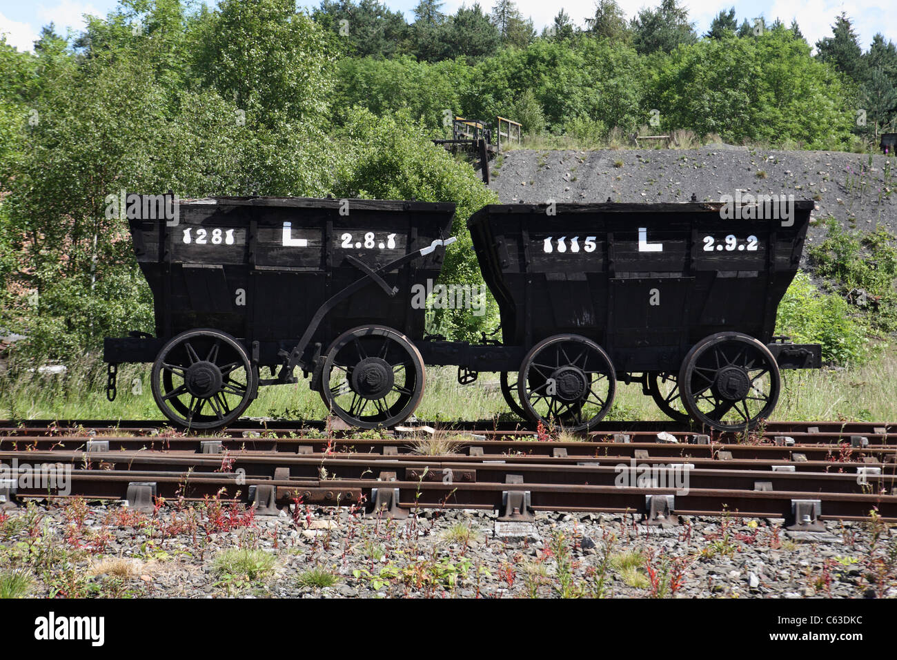 Two wooden 4T chaldron wagons from the Londonderry Railway from the 1870's at Beamish Museum, north east England, UK Stock Photo