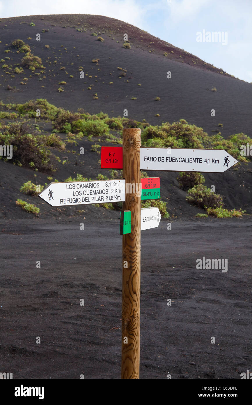 Direction sign, volcanic landscape, Fuencaliente, Los Canarios, La Palma, Canary islands, Spain, Europe Stock Photo