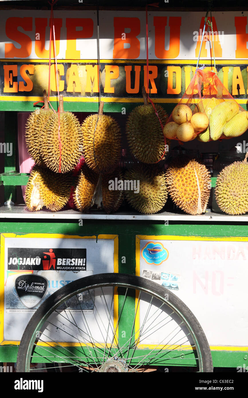 Fruit juice cart predominantly stocked with durian on Jalan Malioboro