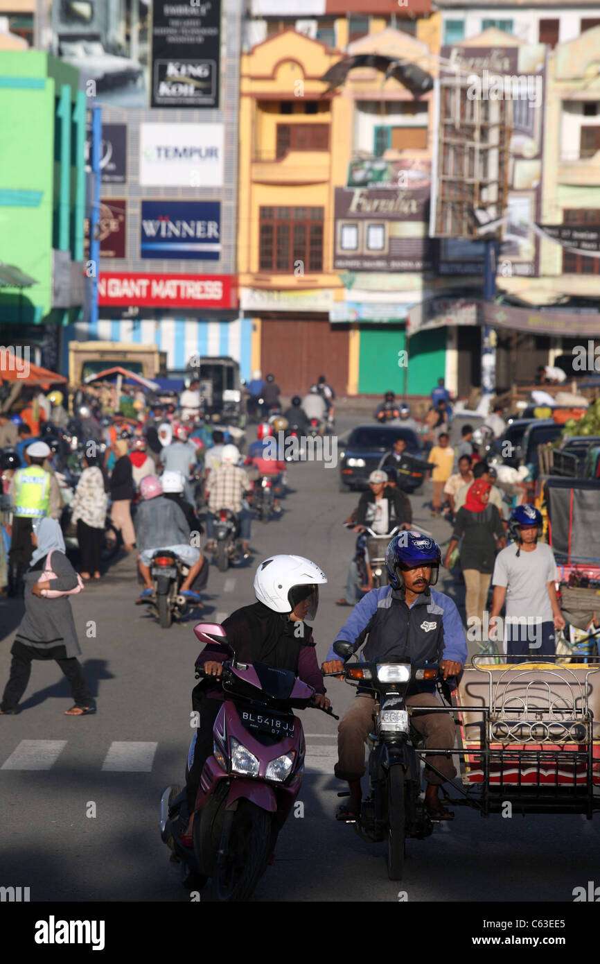Early morning traffic in the central city. Banda Aceh, Aceh, Sumatra, Indonesia, Southeast Asia, Asia Stock Photo
