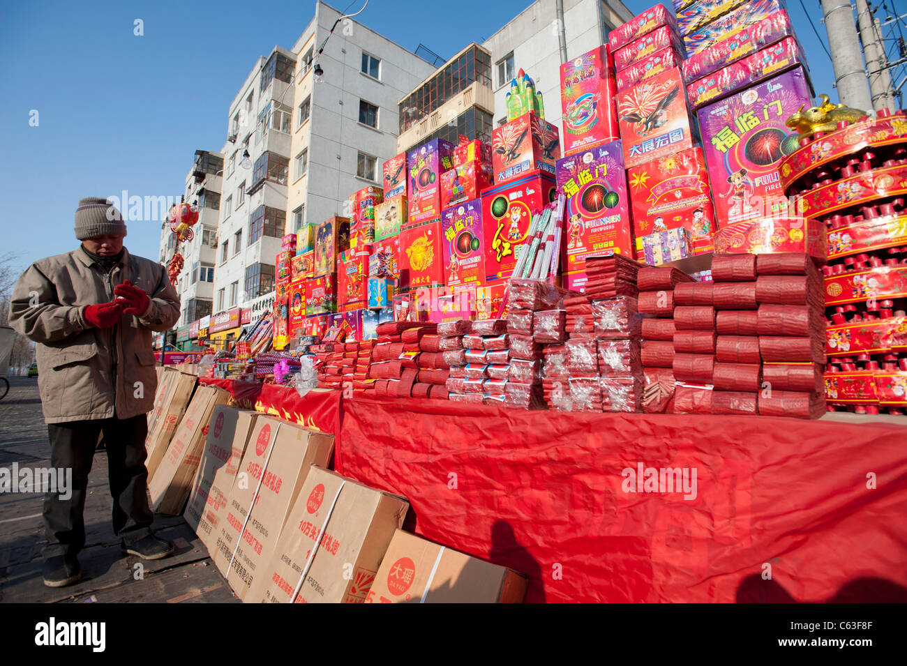 Many boxes of fireworks for Chinese New Year for sale on street in