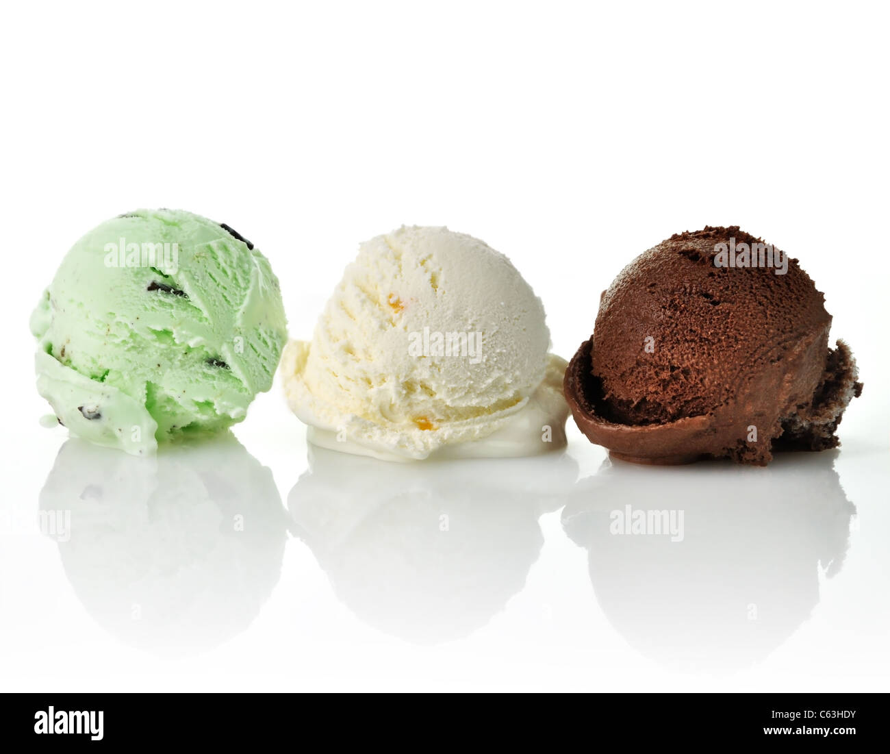 vanilla , mint and chocolate ice cream scoops Stock Photo