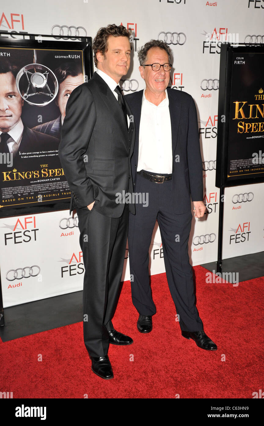 Colin Firth, Geoffrey Rush at arrivals for AFI FEST 2010 Screening of THE KING'S SPEECH, Grauman's Chinese Theatre, Los Angeles, CA November 5, 2010. Photo By: Robert Kenney/Everett Collection Stock Photo