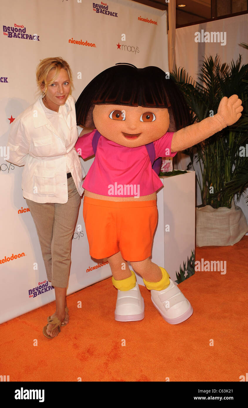 Uma Thurman, Dora the Explorer in attendance for Nickelodeon's Beyond The Backpack Campaign Kick Off, Macy's Herald Square Department Store, New York, NY August 10, 2010. Photo By: Kristin Callahan/Everett Collection Stock Photo