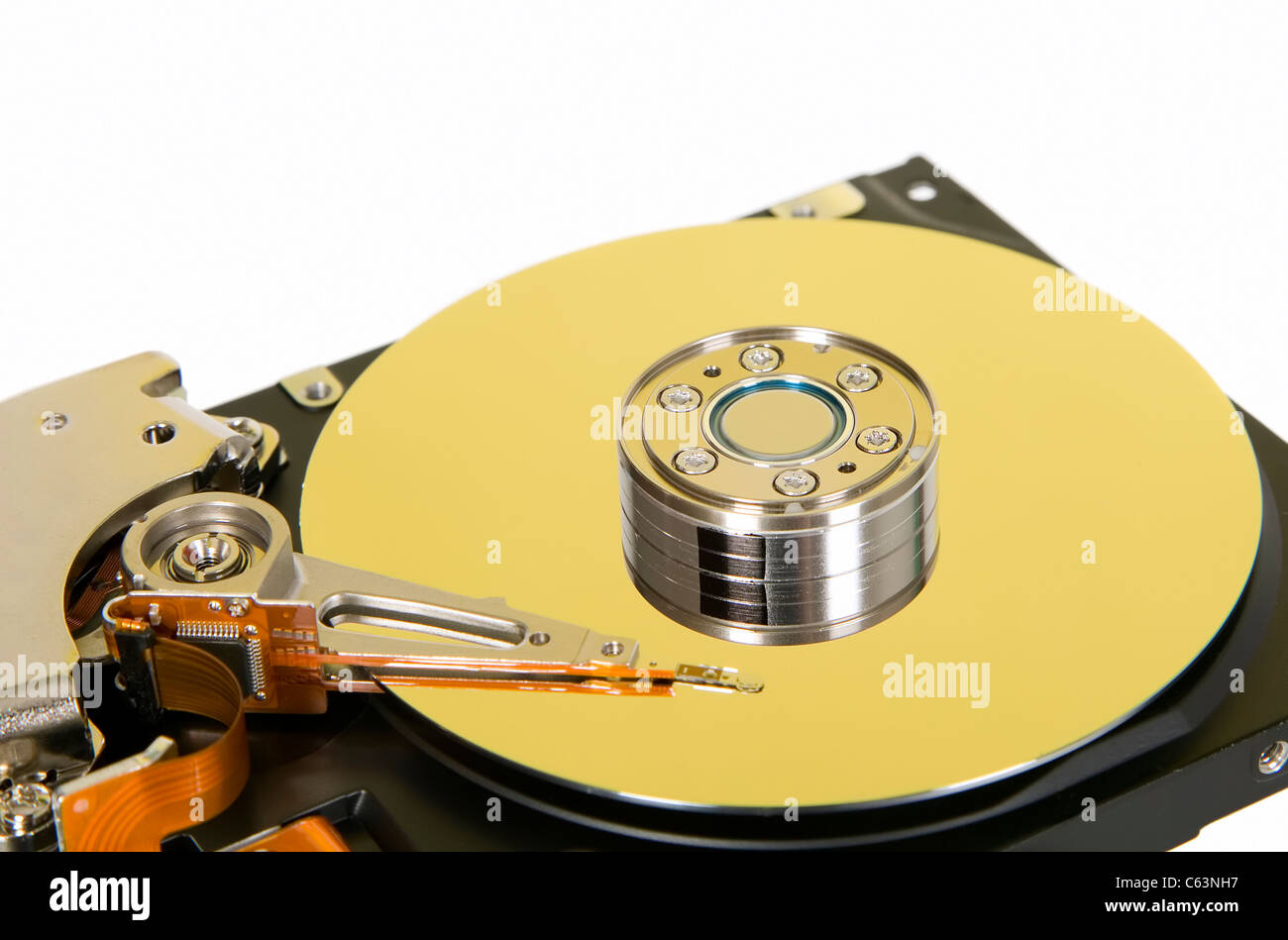 Inside of hard disc, platter with read and write head Stock Photo Alamy
