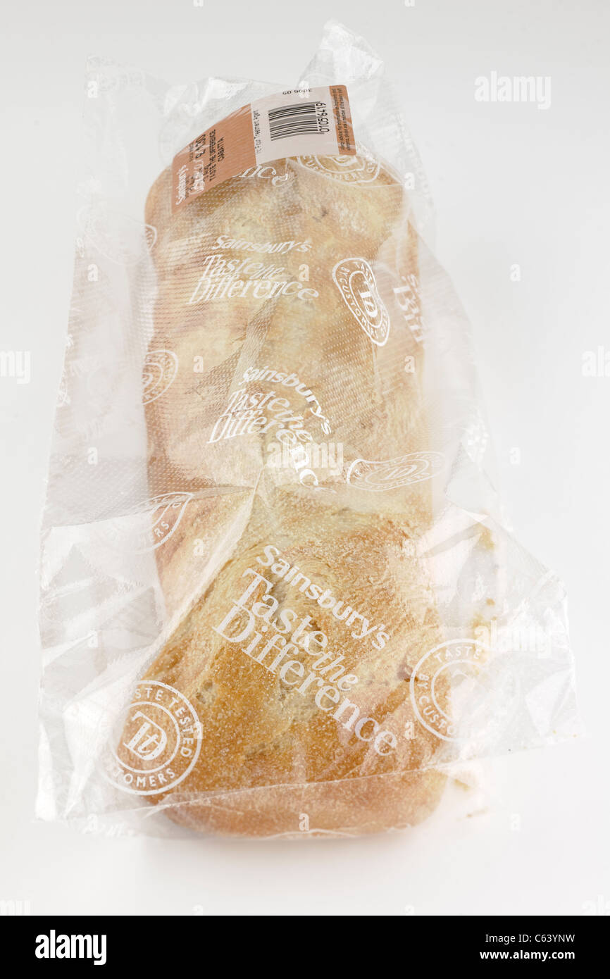 Sainsburys taste the difference Ciabatta bread in an perforated cellophane wrapping Stock Photo