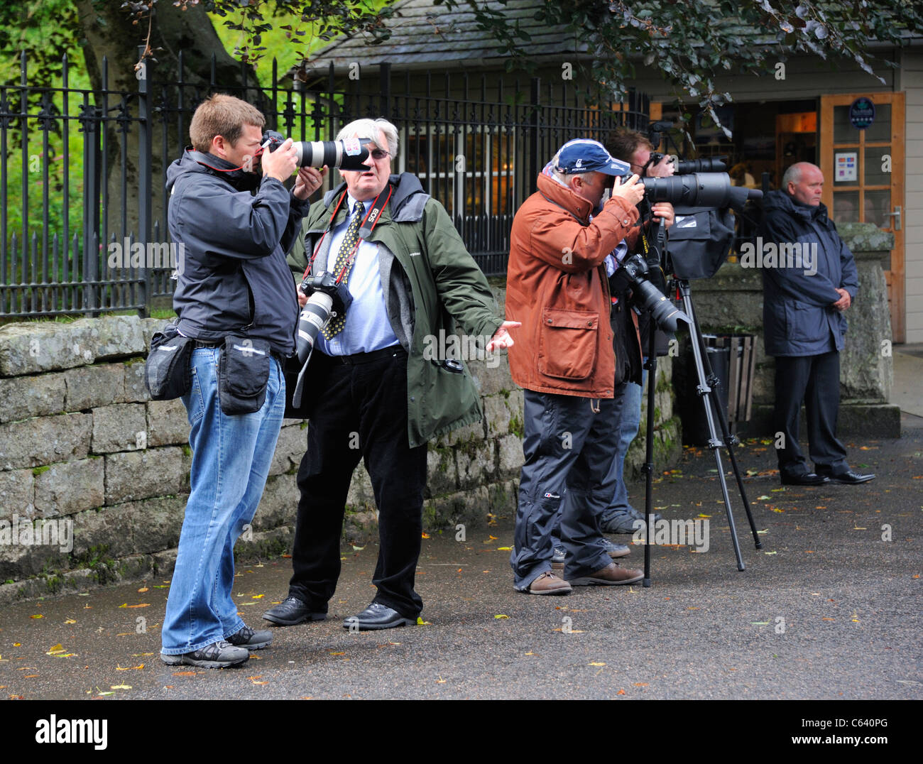 Paparazzi waiting for the Queen at Balmoral. Royal Deeside, Aberdeenshire, Scotland, United Kingdom, Europe. Stock Photo