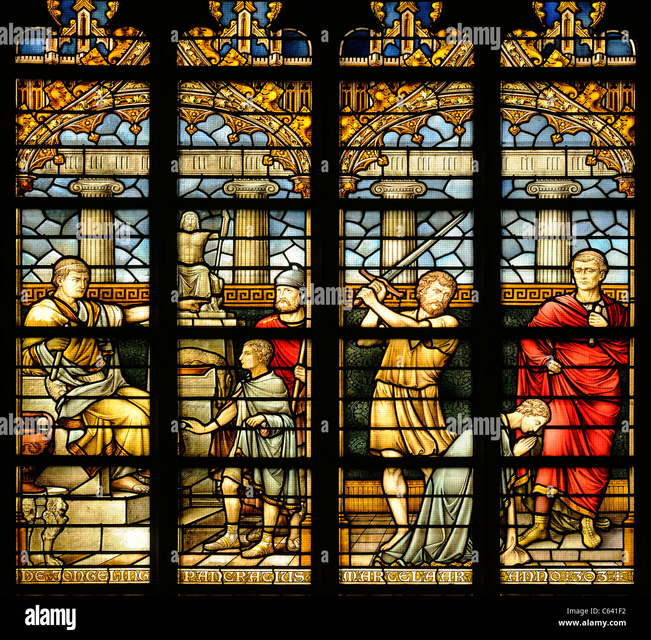 Dordrecht, Netherlands. Grote Kerk (1460-1502) Stained Glass Window showing the martyrdom of the 12yr old St Pancras Stock Photo