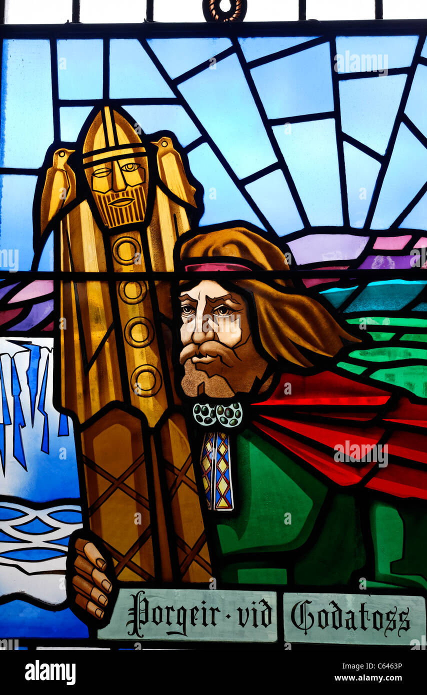 Stained glass window at the Akureyrarkirkja church, Akureyri, Iceland Stock Photo