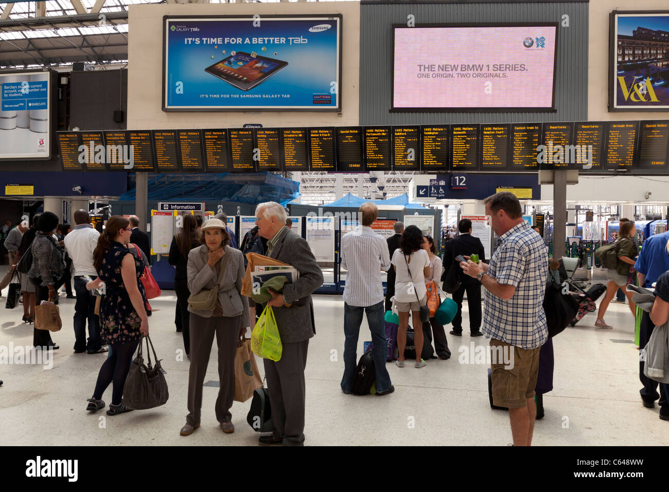 electronic travel information board at waterloo station Stock Photo