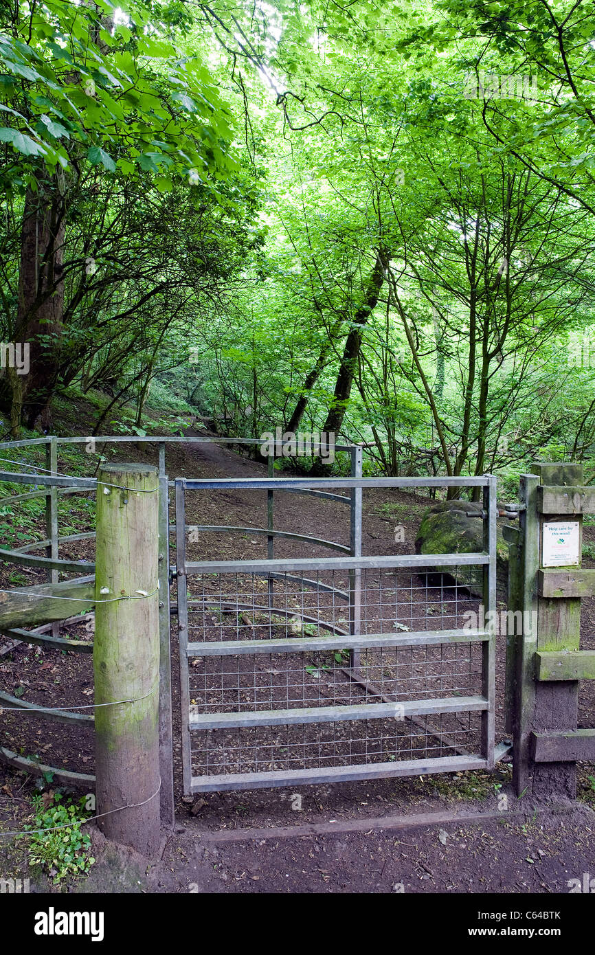 A metal semi-circular 'kissing gate' at the Dingle Lane entrance to Appleton's Fords Rough in Warrington, Cheshire, England Stock Photo