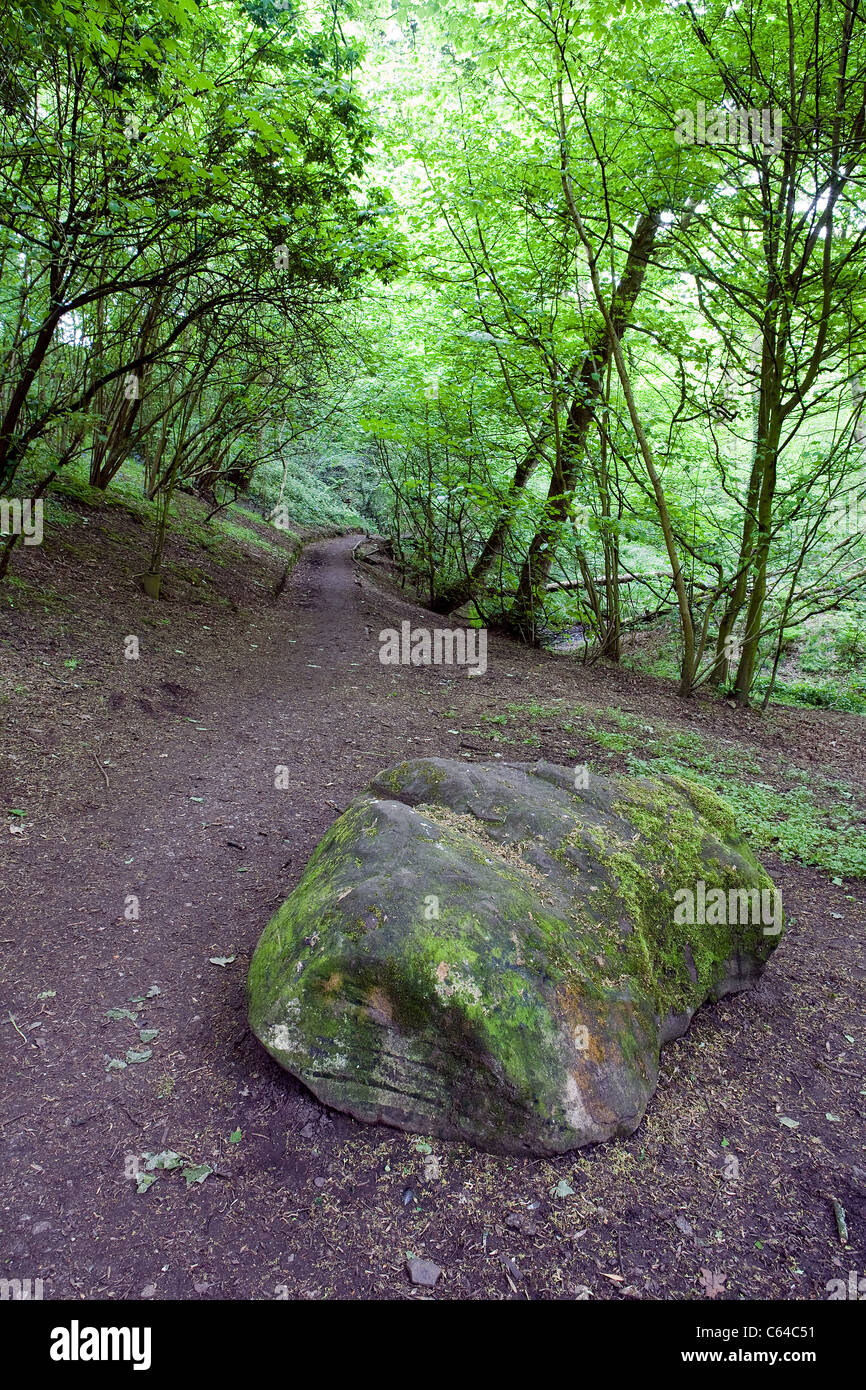 Large stone at the Dingle Lane entrance to Appleton's Fords Rough in Warrington, Cheshire, England Stock Photo