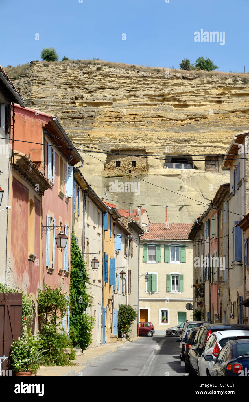 Saint Chamas, Old Village & Street Scene with Troglodyte Houses in Cliff Face, Etang de Berre, Provence, France Stock Photo