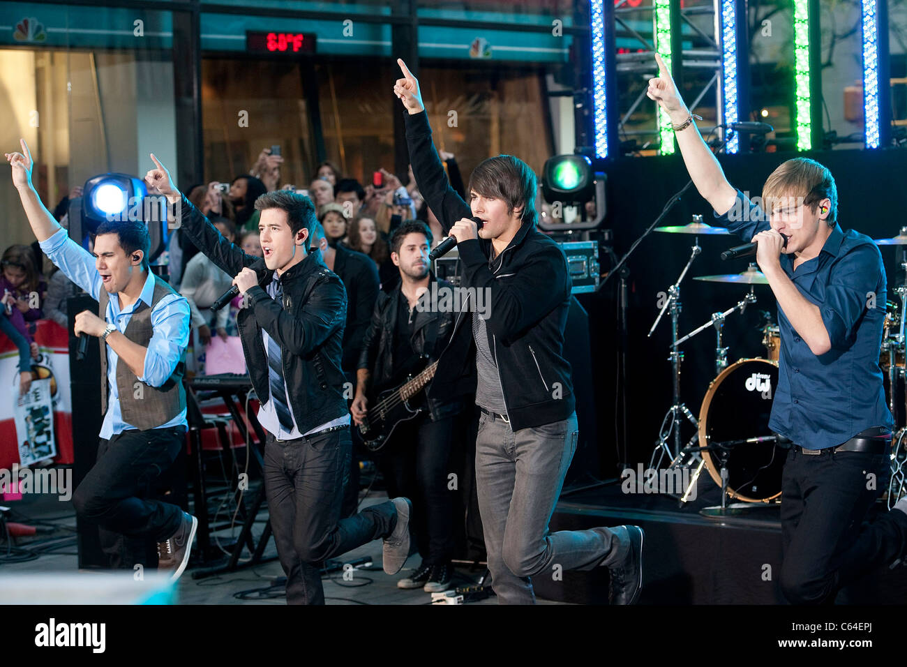 Big Time Rush, Carlos Pena,Kendall Schmidt, James Maslow, Kendall Schmidt on stage for NBC TODAY Show Concert Series with Big Time Rush, Rockefeller Plaza, New York, NY October 11, 2010. Photo By: Lee/Everett Collection Stock Photo