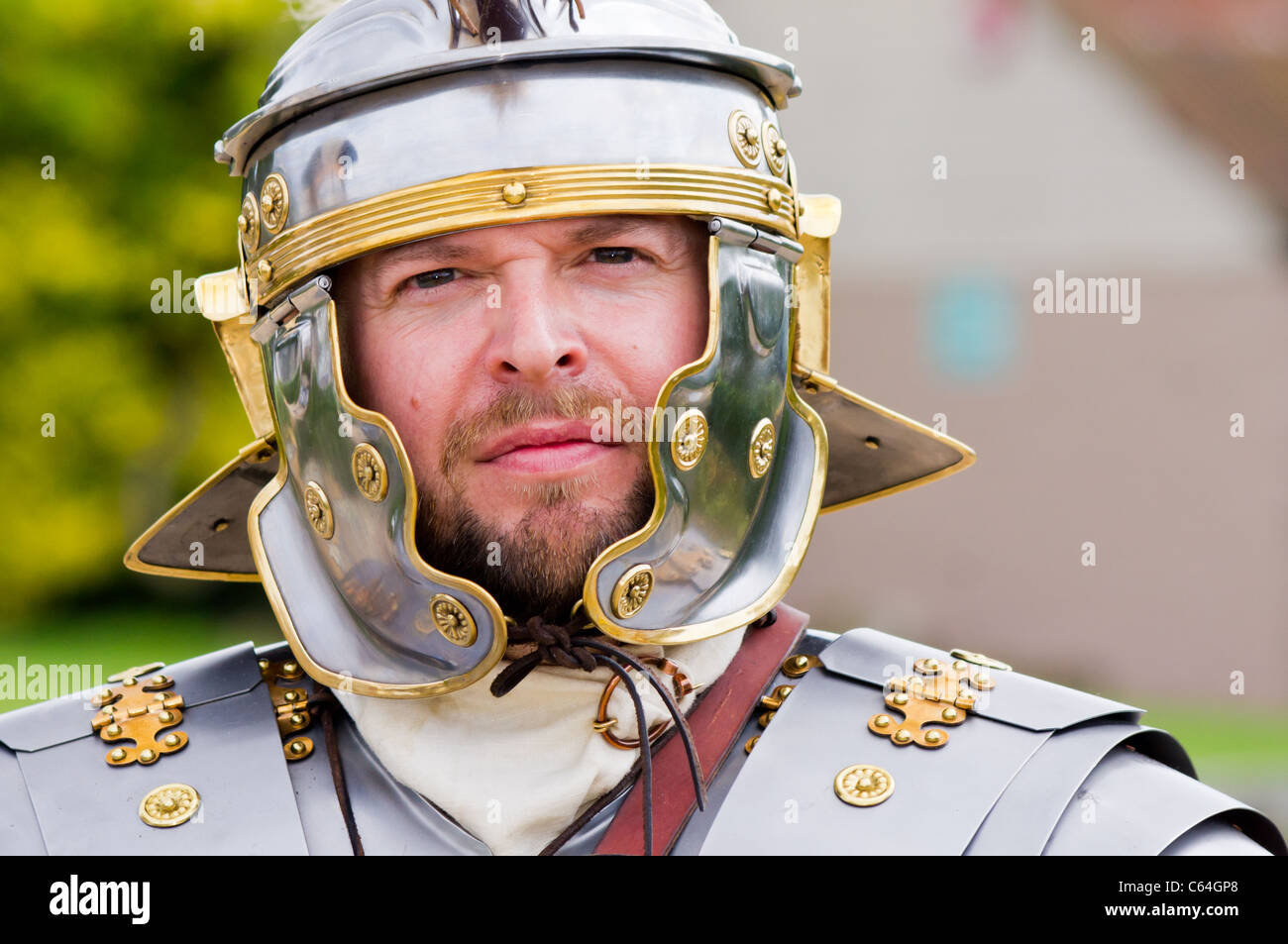 Roman soldier looking at camera. Re-enactment at Fishbourne Roman Palace. Stock Photo