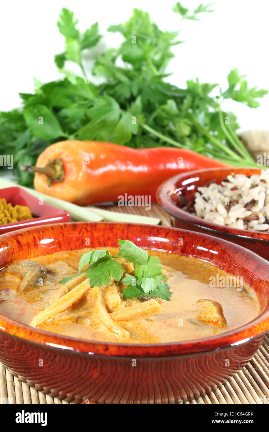 Indian yellow Curry with wild rice, chilli and bamboo shoots Stock