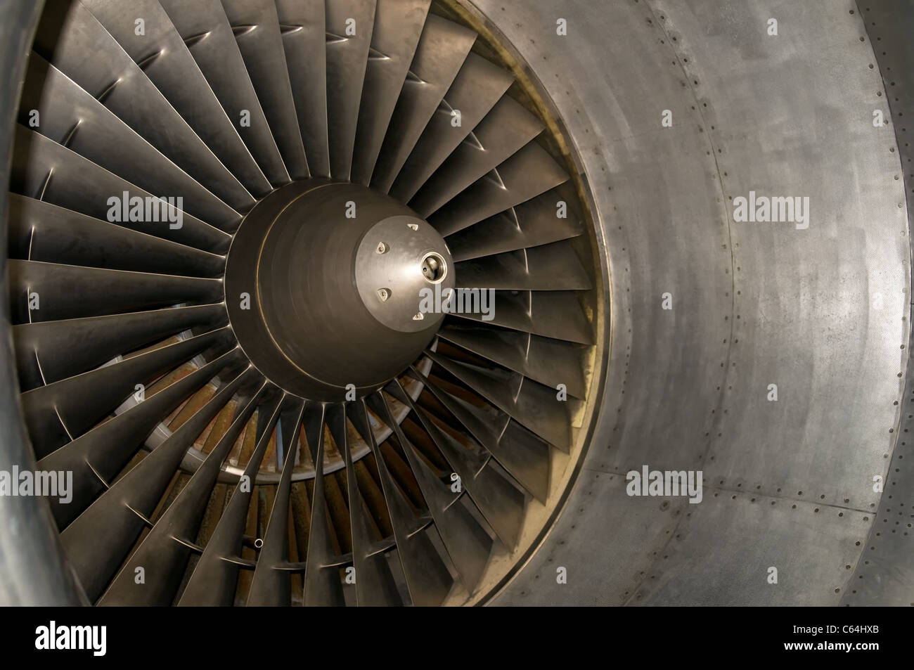 view inside a huge airplane turbine Stock Photo