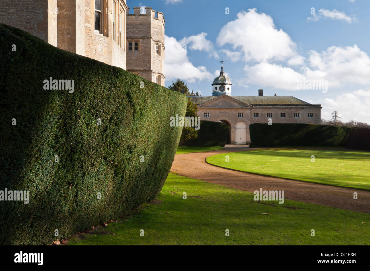 A view of the large and ornately designed stable-block of Rousham House in Oxfordshire, England Stock Photo
