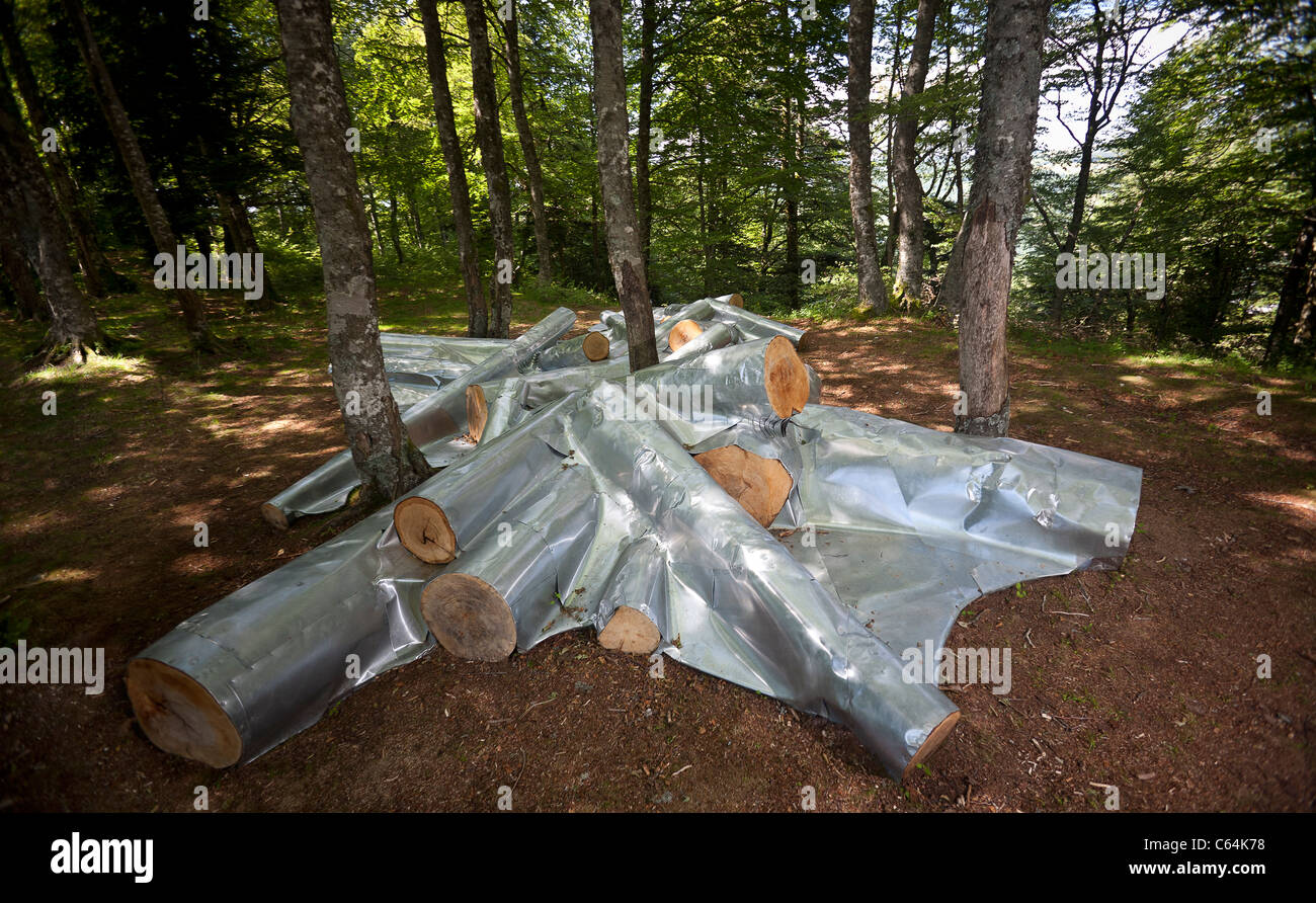 The Land Art work called 'Fond de paysage', by J.Laforge (France) Logs covered with zinc plate. Stock Photo