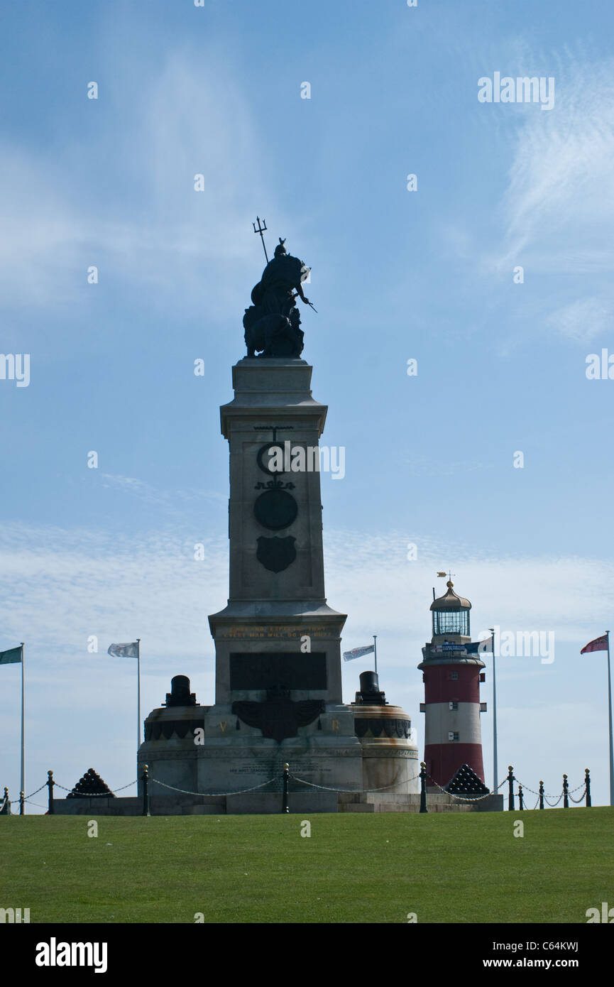 Plymouth Hoe war memorial and Smeaton's tower in the back ground - a vertical long shot Stock Photo