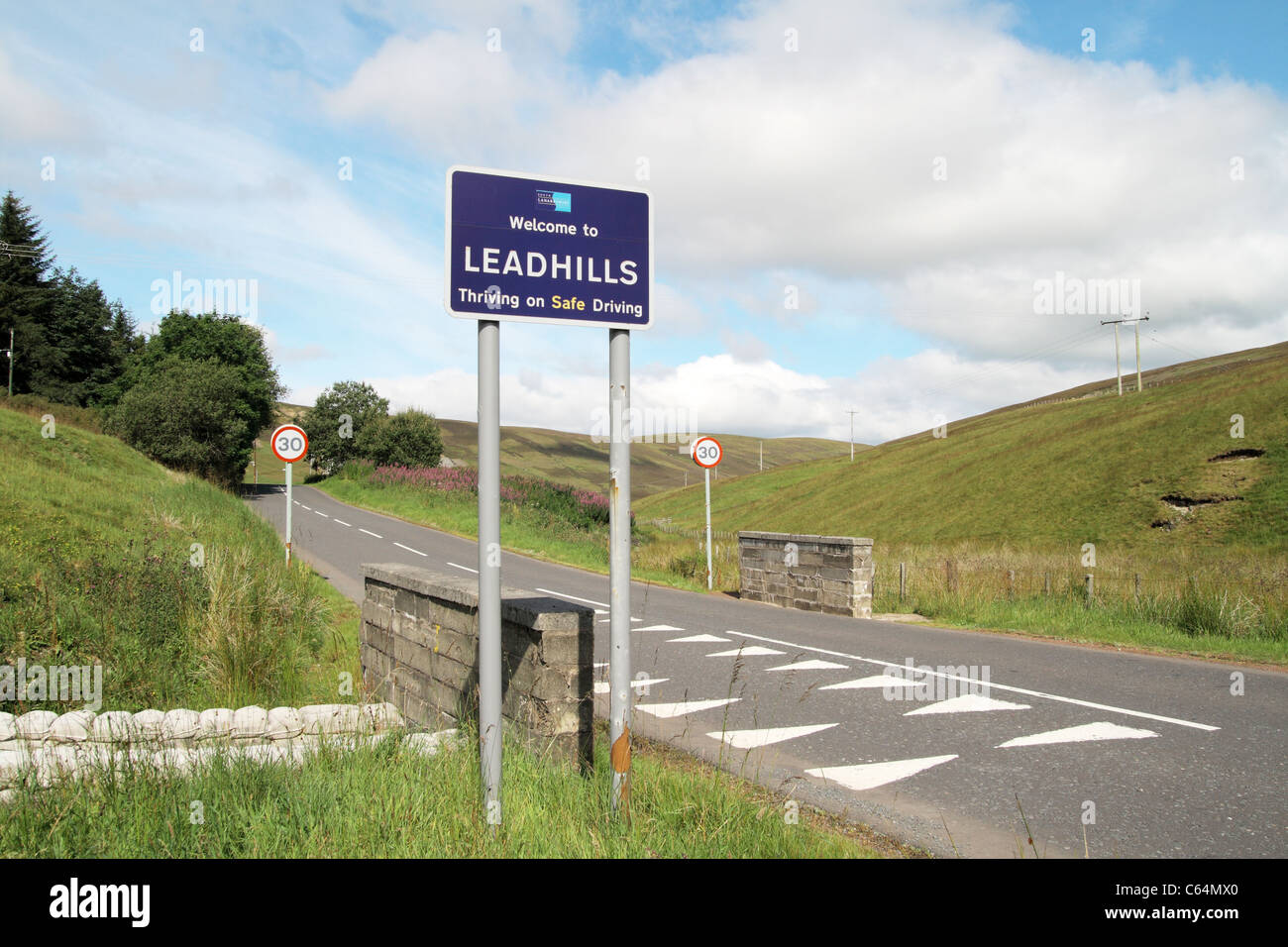 Entrance Sign to the Village of Leadhills, South Lanarkshire, Scotland, UK Stock Photo