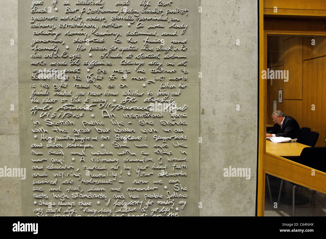 Scottish Parliament building Edinburgh artwork titled Travelling the Distance 2006 by Shauna McMullan on an office wall Stock Photo