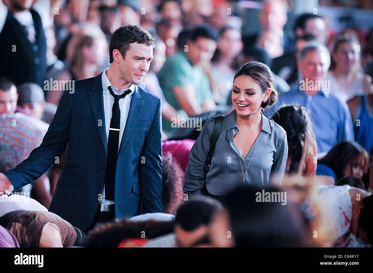 Justin Timberlake, Mila Kunis, film a scene at the 'Friends With Benefits' film set in Times Square out and about for CELEBRITY Stock Photo