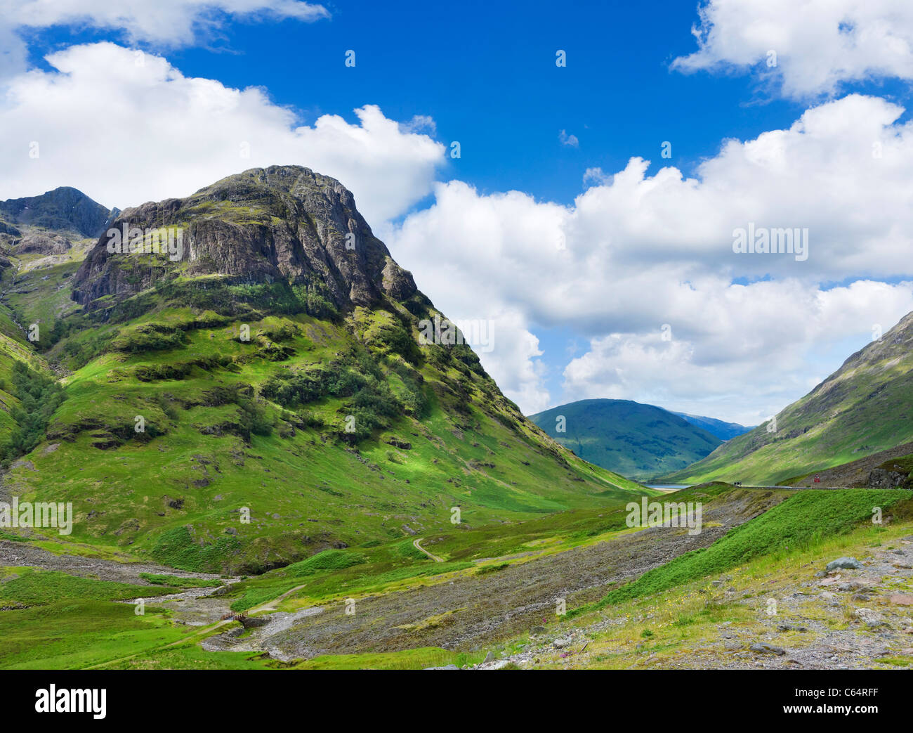 View down Glen Coe towards Loch Achtriochtan with Aonach Dubh to the left, Scottish Highlands, Scotland, UK Stock Photo