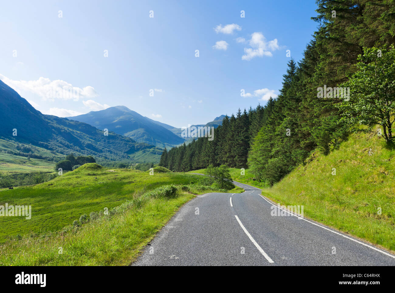 Road through Glen Nevis, Lochabar, Scottish Highlands, Scotland, UK Stock Photo